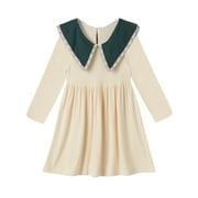 LittleSpring Toddler Girls Long Sleeve Dress 2T Peter Pan Collar Dress Knee-Length Stretchy Rib Knit Beige